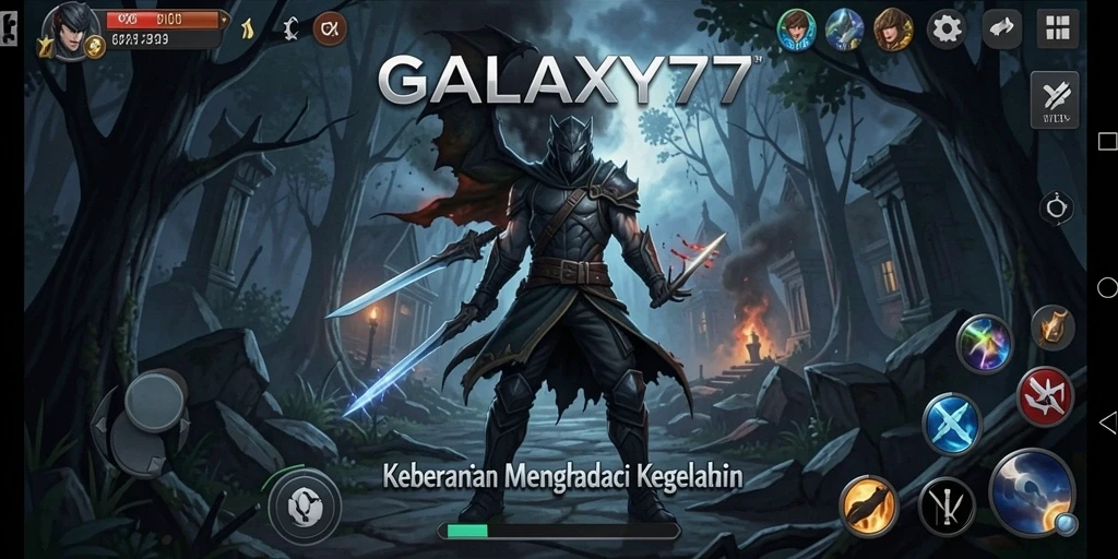 Tangkapan layar gameplay menegangkan GALAXY77 menunjukkan kegelapan yang mengancam.