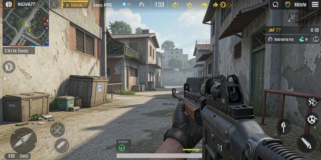 Tangkapan layar INOVA77 menampilkan adegan intens dalam pertempuran FPS.