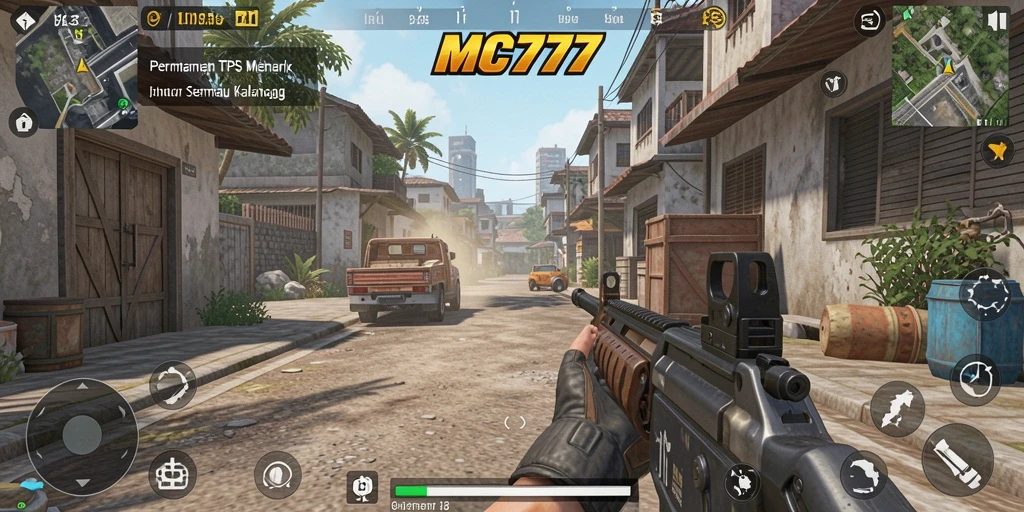 Screenshot utama MC777 menampilkan aksi tembak-menembak yang mendebarkan.