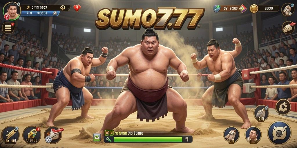 Tampilan menarik dari screenshot gameplay SUMO777 yang menunjukkan pertarungan sumo.